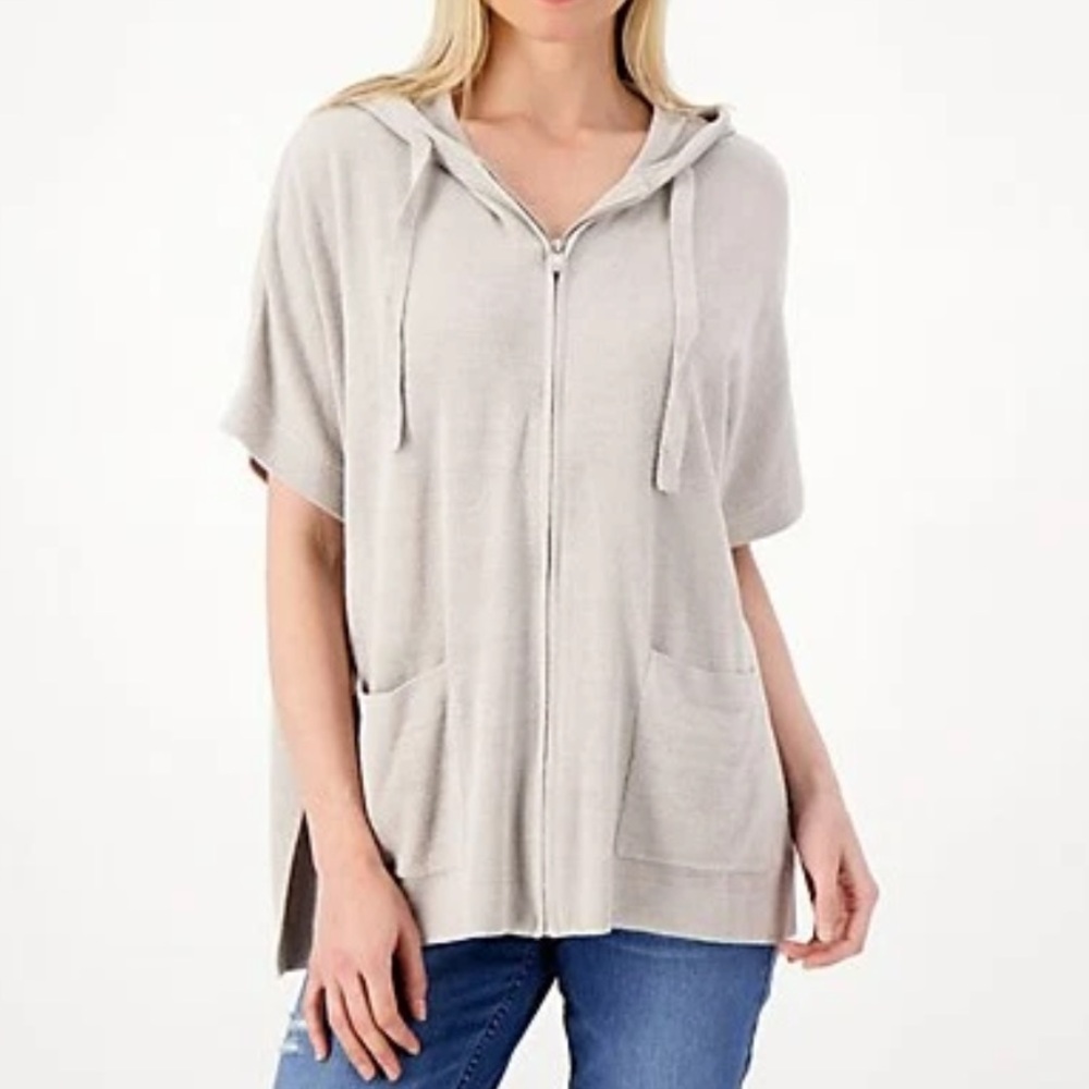 Barefoot Dreams Cozychic Cream Ultra Light Short Sleeve Zip Hoodie Size L/XL